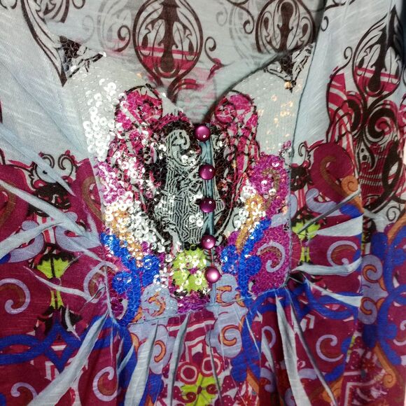 ⭐ Unity World Wear V-neck Short Sleeve Colorful Blouse Top Sequin Detail Med - Picture 4 of 6